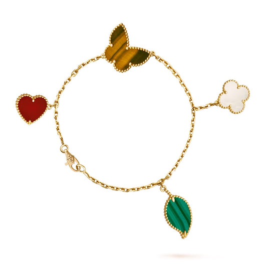 Van Cleef & Arpels Lucky 4 Motifs Alhambra Bracelet “Yellow Gold / Carnelian / Malachite / Mother of Pearl / Tiger Eye”