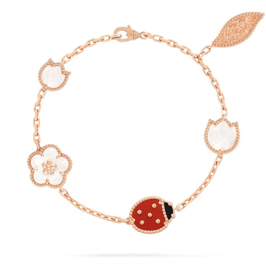 Van Cleef & Arpels Lucky Spring, 5  Motifs Bracelet “Rose Gold / Carnelian / Mother of Pearl / Onyx”